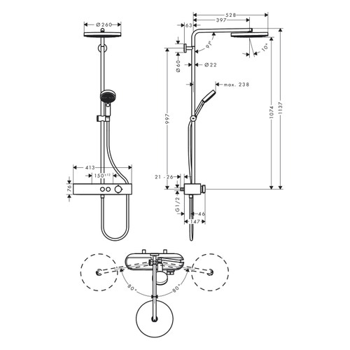 Immagine di Hansgrohe PULSIFY showerpipe 260, 1 jet, EcoSmart, con ShowerTablet Select 400, finitura cromo 24221000