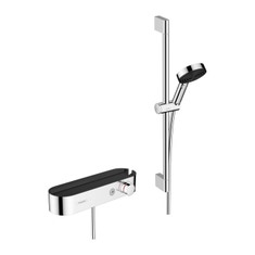 Immagine di Hansgrohe PULSIFY SELECT sistema doccia 105, 3 jet, Relax con doccetta, termostatico, asta doccia 67 cm, cursore e flessibile, finitura cromo 24260000