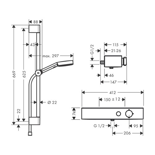Immagine di Hansgrohe PULSIFY SELECT sistema doccia 105, 3 jet, Relax con doccetta, termostatico, asta doccia 67 cm, cursore e flessibile, finitura cromo 24260000