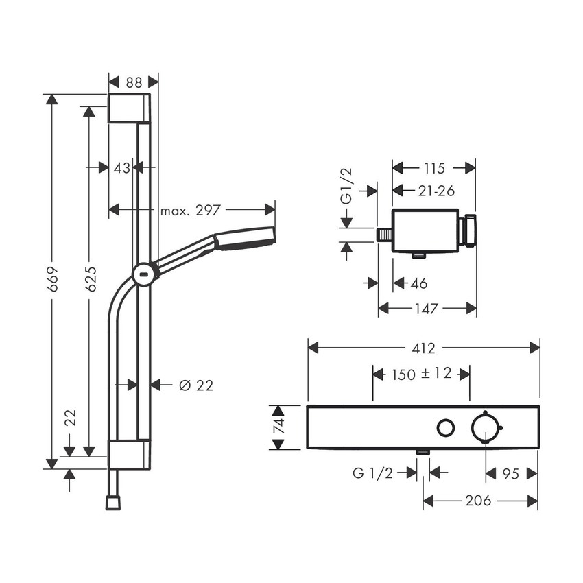 Immagine di Hansgrohe PULSIFY SELECT sistema doccia 105, 3 jet, Relax con doccetta, termostatico, asta doccia 67 cm, cursore e flessibile, finitura cromo 24260000