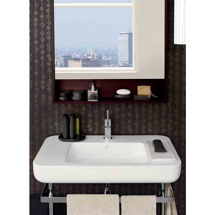 Immagine di Pozzi Ginori Easy.02 composizione lavabo rettangolare 90, bianco; struttura in ottone cromato. 4203000