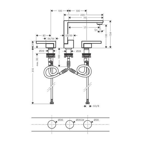 Immagine di Axor EDGE rubinetteria 3 fori lavabo 130, con set di scarico push-open e taglio a diamante, finitura cromo 46051000
