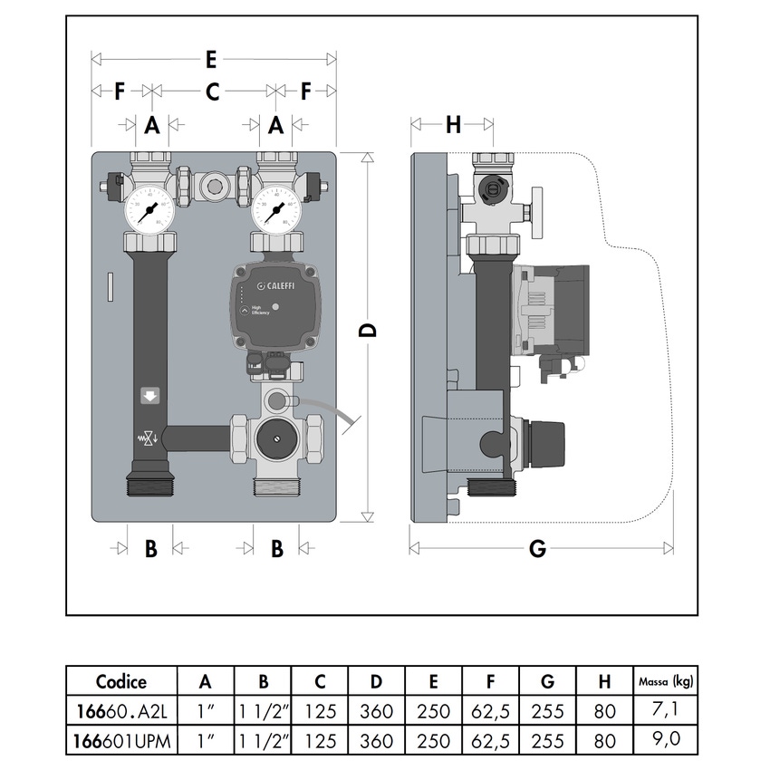 Immagine di Caleffi Gruppo di regolazione termostatica per impianti di riscaldamento, con pompa UPM3S Auto 25-60, interasse 125 mm, temperatura di taratura 25–50 °C 166600A2L