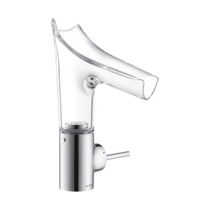 Immagine di Axor STARCK V miscelatore monocomando lavabo 140, con bocca in vetro e set di scarico, finitura cromo 12112000