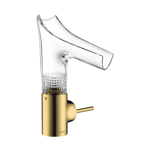 Immagine di Axor STARCK V miscelatore monocomando lavabo 140, con bocca in vetro, set piletta e taglio a diamante, finitura gold optic 12122990