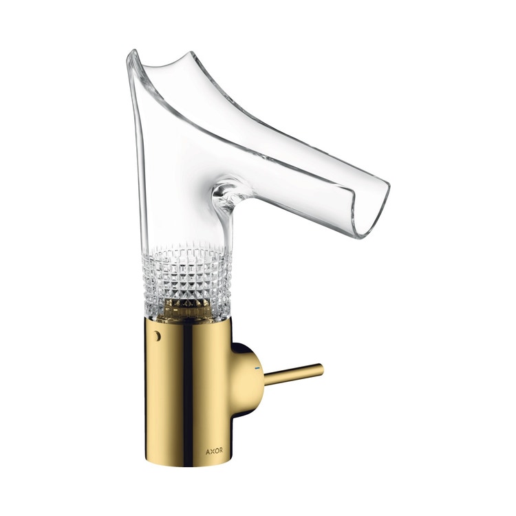 Immagine di Axor STARCK V miscelatore monocomando lavabo 140, con bocca in vetro, set piletta e taglio a diamante, finitura gold optic 12122990