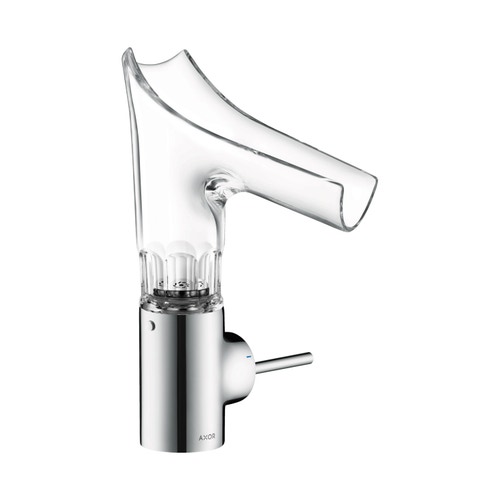 Immagine di Axor STARCK V miscelatore monocomando lavabo 140, con bocca di erogazione in vetro, set di scarico e taglio smussato, finitura cromo 12123000