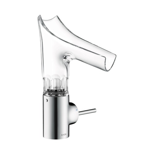 Immagine di Axor STARCK V miscelatore monocomando lavabo 140, con bocca di erogazione in vetro, set di scarico e taglio smussato, finitura cromo 12123000