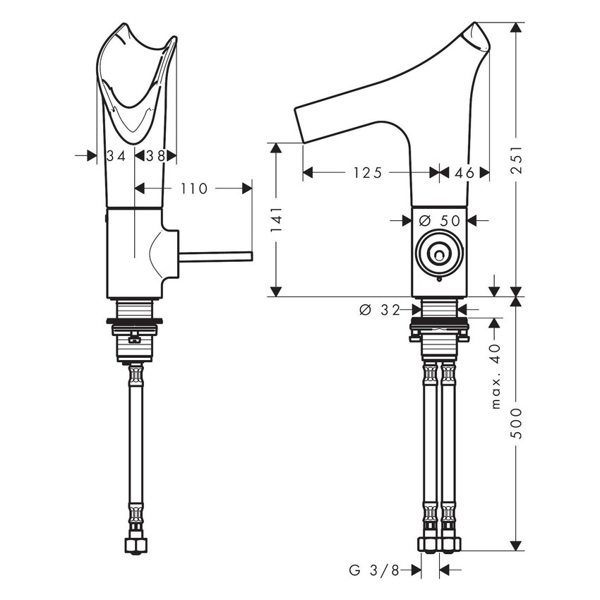 Immagine di Axor STARCK V miscelatore monocomando lavabo 140, con bocca di erogazione in vetro, set di scarico e taglio smussato, finitura cromo 12123000