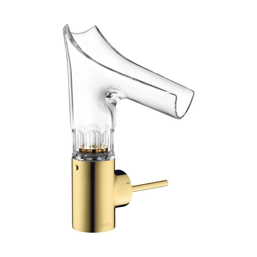 Immagine di Axor STARCK V miscelatore monocomando lavabo 140, con bocca di erogazione in vetro, set di scarico e taglio smussato, finitura oro optic 12123990