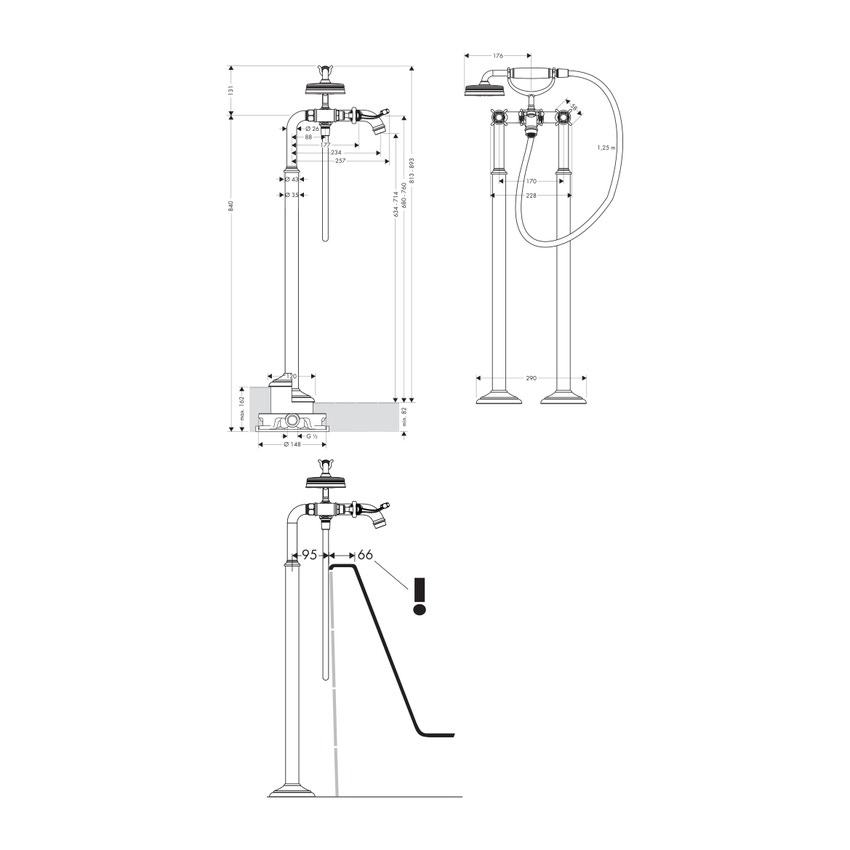 Immagine di Axor MONTREUX rubinetteria vasca 2 maniglie, a pavimento, con maniglie a croce, finitura cromo 16547000