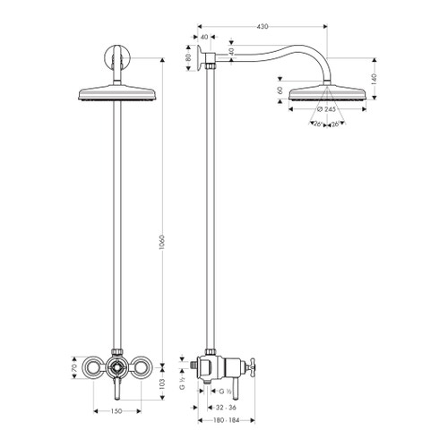 Immagine di Axor MONTREUX showerpipe con miscelatore termostatico e soffione doccia 1 jet, finitura cromo 16570140