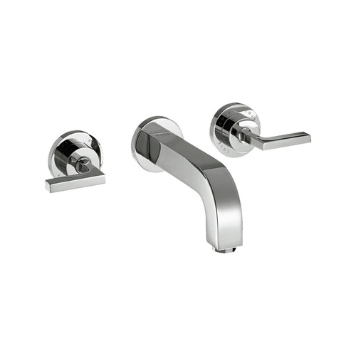 Immagine di Axor CITTERIO rubinetteria 3 fori lavabo, ad incasso a parete, con bocca d'erogazione 22,2 cm, maniglie a leva e piastrine, finitura cromo 39147000