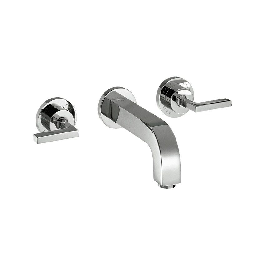 Immagine di Axor CITTERIO rubinetteria 3 fori lavabo, ad incasso a parete, con bocca d'erogazione 22,2 cm, maniglie a leva e piastrine, finitura cromo 39147000