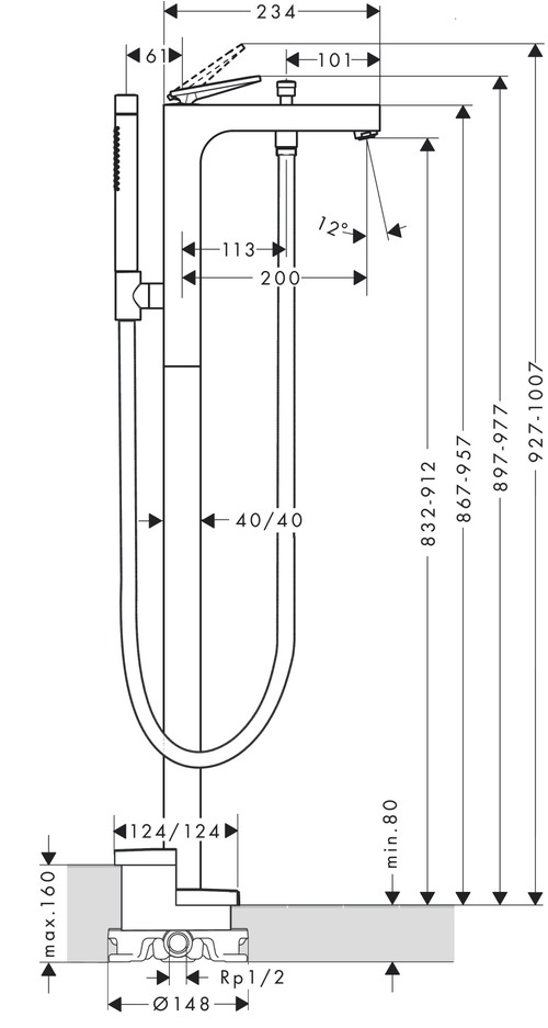 Immagine di Axor CITTERIO miscelatore monocomando vasca, a pavimento, con maniglia a leva e taglio romboidale, finitura cromo 39471000