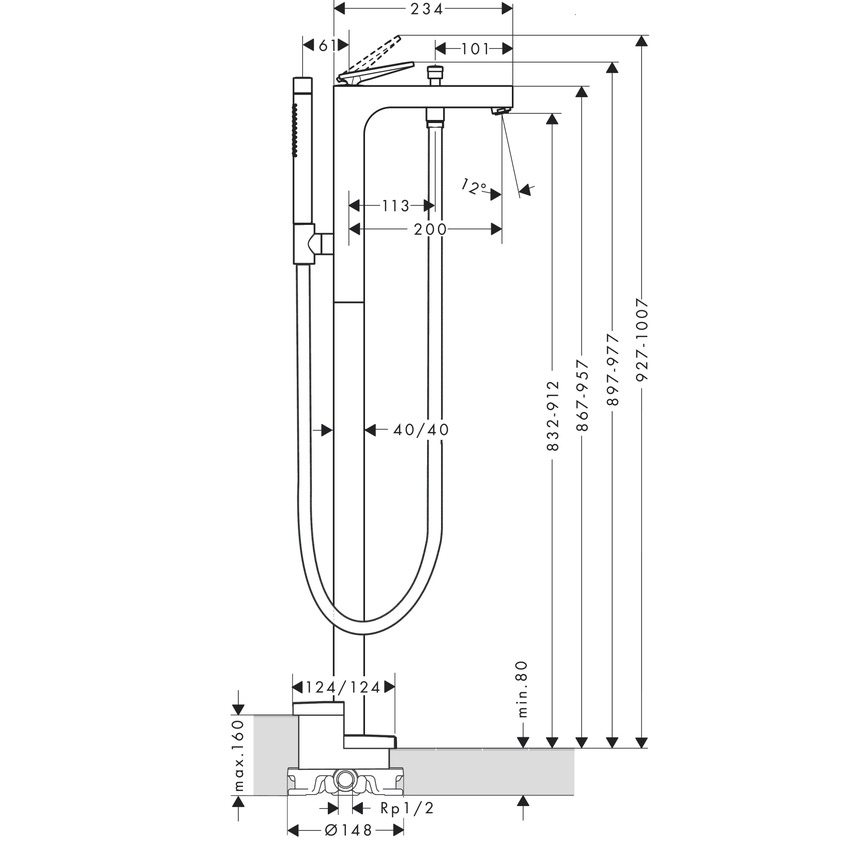 Immagine di Axor CITTERIO miscelatore monocomando vasca, a pavimento, con maniglia a leva e taglio romboidale, finitura cromo 39471000