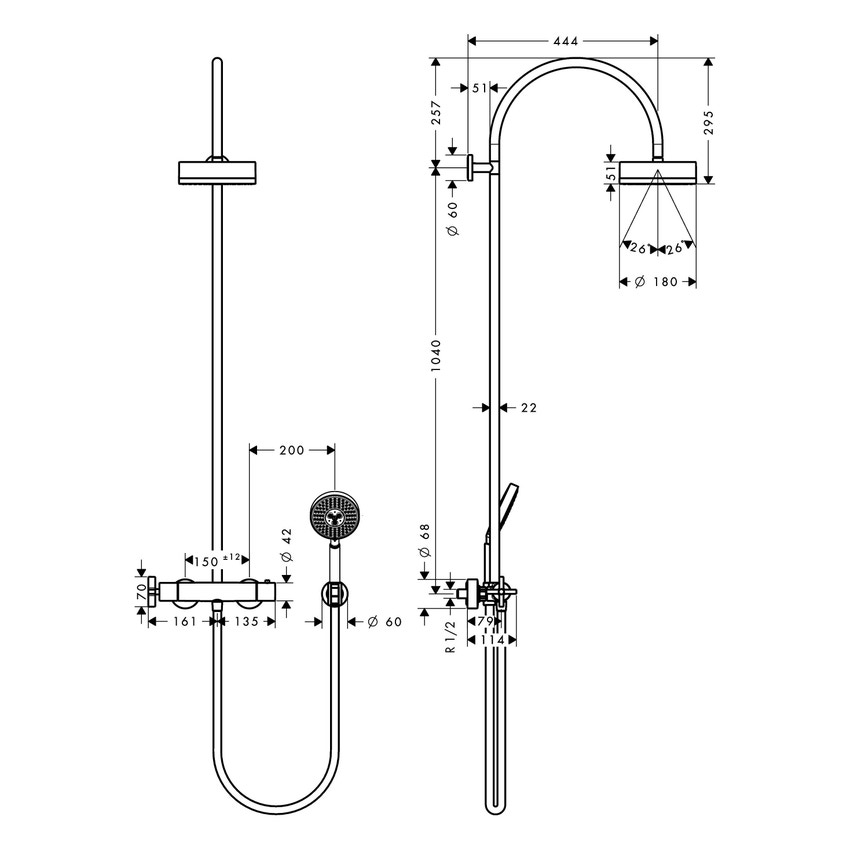 Immagine di Axor CITTERIO showerpipe con miscelatore termostatico e soffione doccia 180, 1 jet, finitura bronzo satinato 39670140