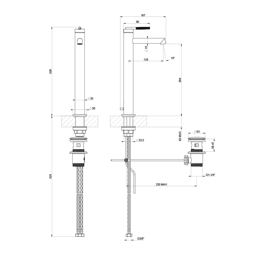 Immagine di Gessi INGRANAGGIO miscelatore lavabo H.33 cm, con piletta Stop&Go e flessibili di collegamento, finitura copper brushed PVD 63503#708