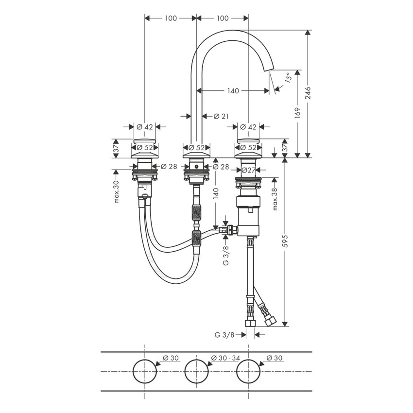 Immagine di Axor ONE miscelatore lavabo 170, 3 fori, Select, senza salterello, finitura cromo 48070000
