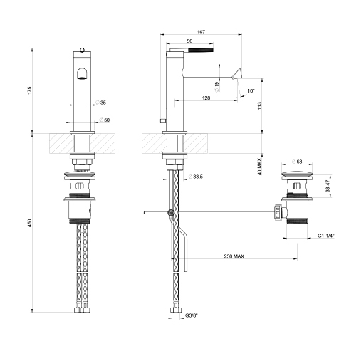 Immagine di Gessi INGRANAGGIO miscelatore lavabo H.18 cm, con scarico e flessibili di collegamento, finitura finox 63502#149