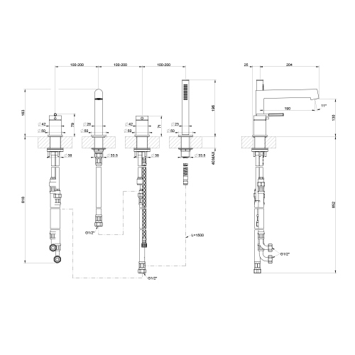 Immagine di Gessi INGRANAGGIO gruppo bordo vasca 4 fori, con bocca di erogazione, deviatore, flessibile 150 cm e doccetta anticalcare, finitura cromo 63537#031