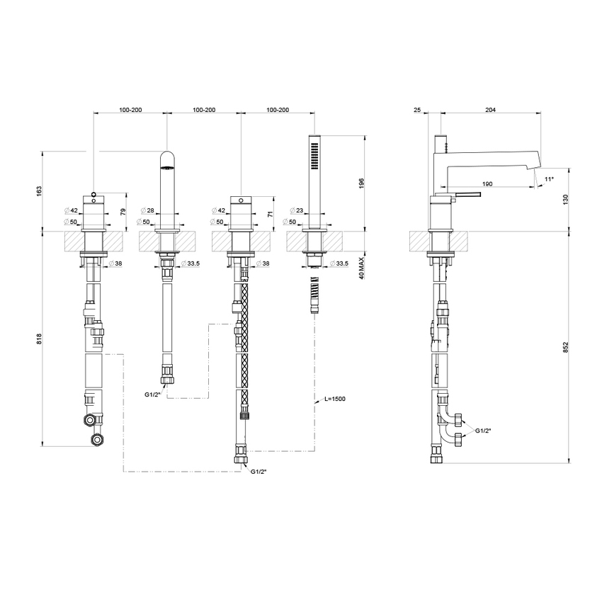 Immagine di Gessi INGRANAGGIO gruppo bordo vasca 4 fori, con bocca di erogazione, deviatore, flessibile 150 cm e doccetta anticalcare, finitura cromo 63537#031
