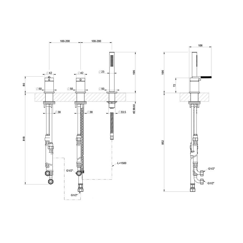 Immagine di Gessi INGRANAGGIO gruppo bordo vasca 3 fori, con deviatore, flessibile 150 cm e doccetta anticalcare, erogazione alla colonna vasca, finitura cromo 63547#031