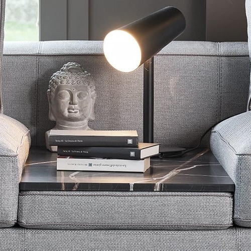 Immagine di Mussi SINFONIA divano composizione angolare L.411 cm, elemento centrale con tavolino in marmo, finitura E tessuto colore grigio e bianco SIN003