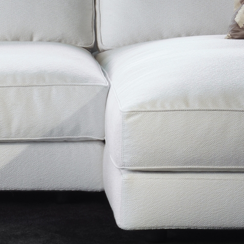 Immagine di Mussi SINFONIA divano con penisola L.429 cm formato da elemento terminale e chaise longue, cuscini e seduta imbottiti in piume d'oca, finitura E tessuto colore bianco SIN004