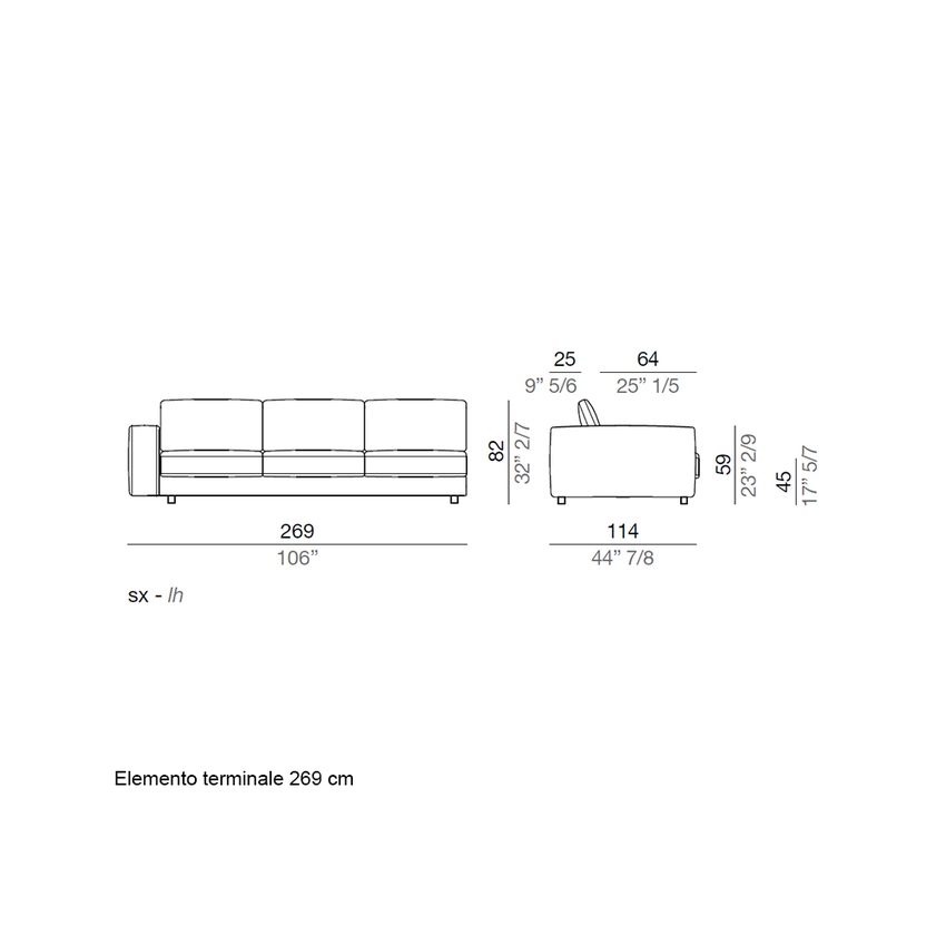 Immagine di Mussi SINFONIA divano con penisola L.429 cm formato da elemento terminale e chaise longue, cuscini e seduta imbottiti in piume d'oca, finitura E tessuto colore bianco SIN004