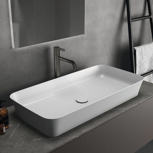 Immagine di Ideal Standard IPALYSS lavabo da appoggio 80 cm, senza troppopieno, con piletta, colore bianco seta finitura opaco E1391V1
