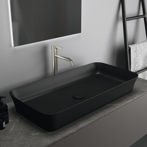 Immagine di Ideal Standard IPALYSS lavabo da appoggio 80 cm, senza troppopieno, con piletta, colore nero finitura opaco E1391V3