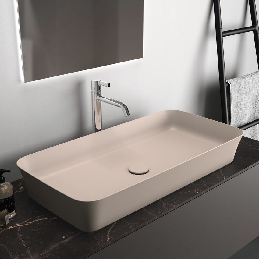 Immagine di Ideal Standard IPALYSS lavabo da appoggio 80 cm, senza troppopieno, con piletta, colore visone finitura opaco E1391V8