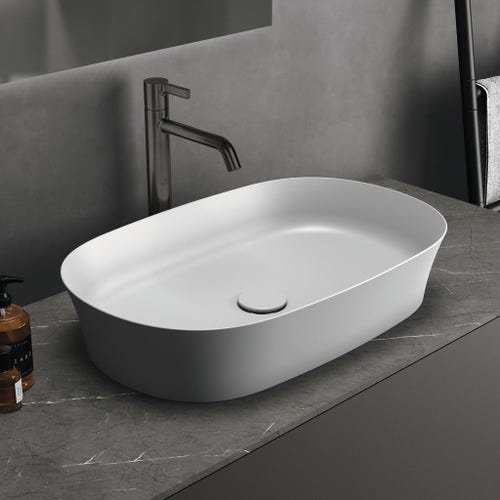 Immagine di Ideal Standard IPALYSS lavabo da appoggio 60 cm, senza troppopieno, con piletta, colore bianco finitura oapco E1396V1