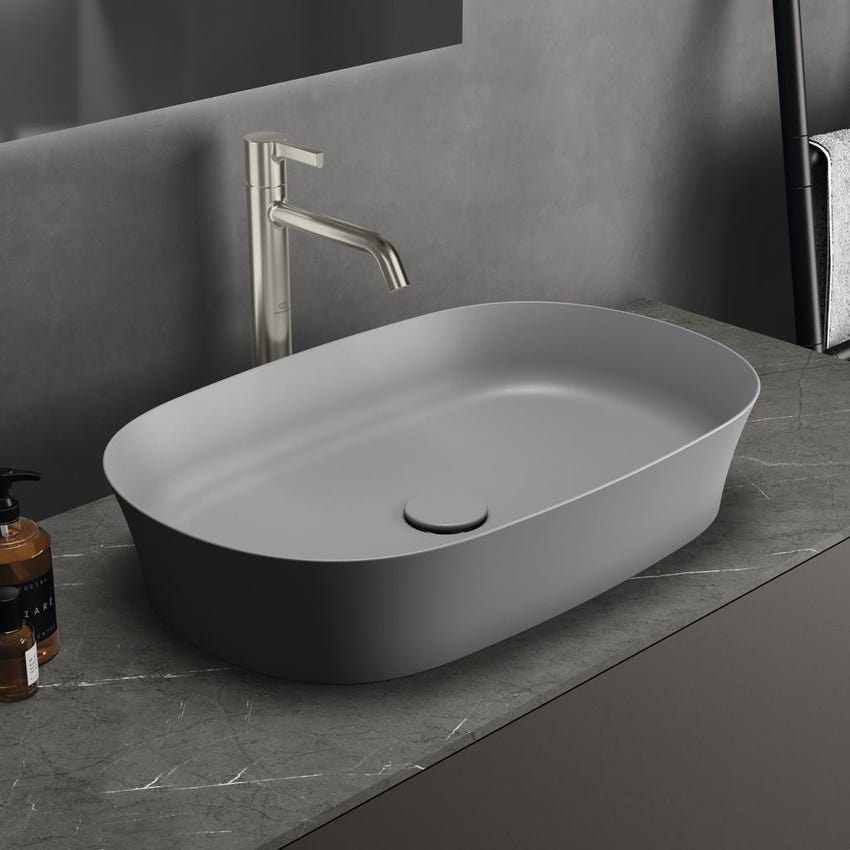 Immagine di Ideal Standard IPALYSS lavabo da appoggio 60 cm, senza troppopieno, con piletta, colore grigio cemento finitura opaco E1396V9