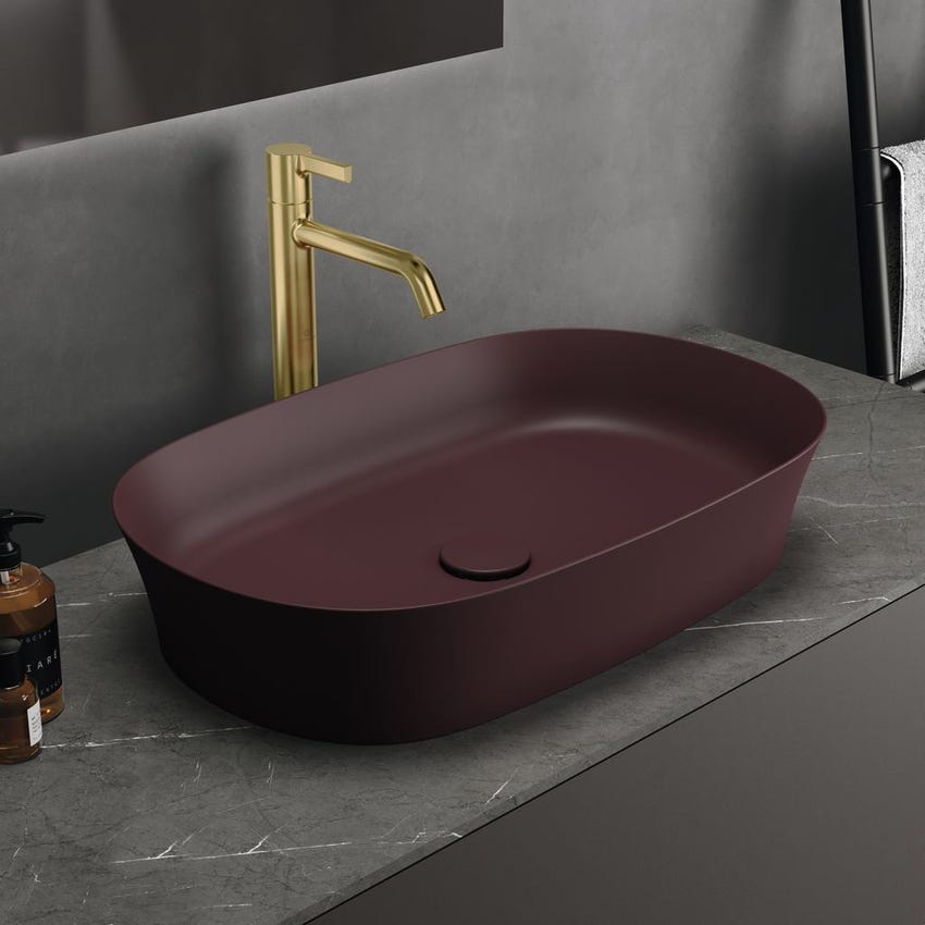 Immagine di Ideal Standard IPALYSS lavabo da appoggio 60 cm, senza troppopieno, con piletta, colore melograno finitura opaco E1396V6