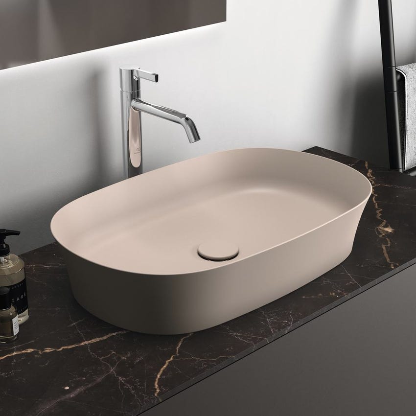 Immagine di Ideal Standard IPALYSS lavabo da appoggio 60 cm, senza troppopieno, con piletta, colore visone finitura opaco E1396V8