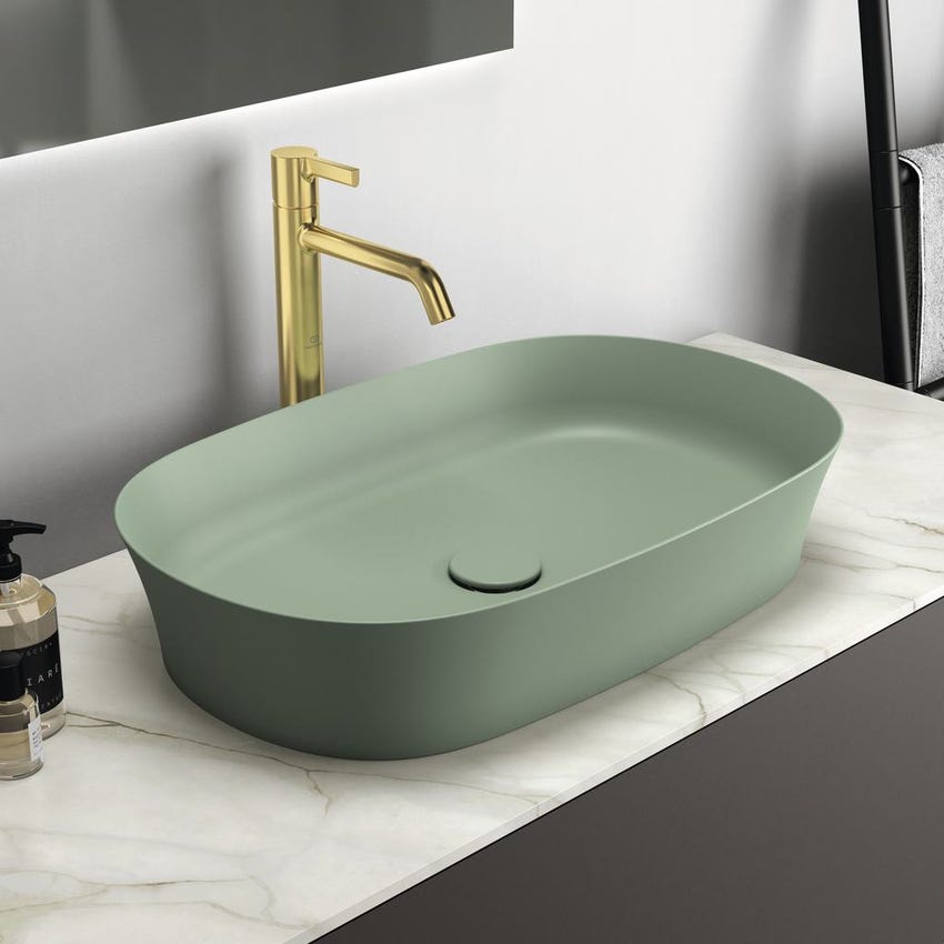 Immagine di Ideal Standard IPALYSS lavabo da appoggio 60 cm, senza troppopieno, con piletta, colore salvia finitura opaco E1396X9