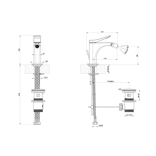 Immagine di Gessi RILIEVO miscelatore monocomando bidet, piletta da 1 1/4" e flessibili di collegamento con attacco da 3/8", finitura cromo 59007#031