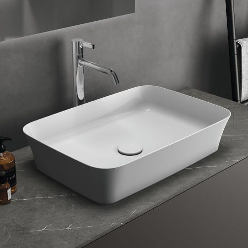 Ideal Standard CONCA composizione bagno: lavabo d'appoggio L.55 P.38 cm,  colore bianco, miscelatore monocomando da appoggio, finitura cromo, mobile  sottolavabo L.60 cm, colore bianco finitura opaco, mensola L.120, colore  bianco finitura opaco