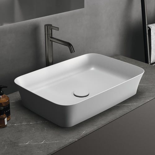 Immagine di Ideal Standard IPALYSS lavabo da appoggio 55 cm, senza troppopieno, con piletta, colore bianco seta finitura opaco E2076V1