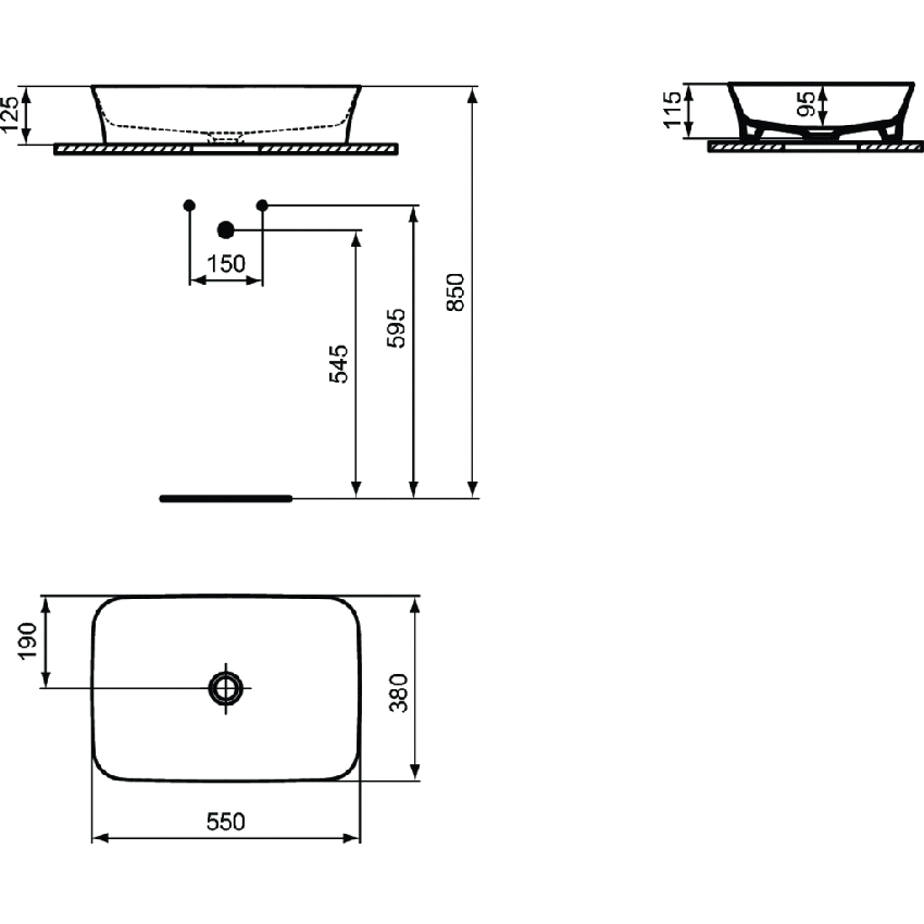 Immagine di Ideal Standard IPALYSS lavabo da appoggio 55 cm, senza troppopieno, con piletta, colore nero finitura opaco E2076V3