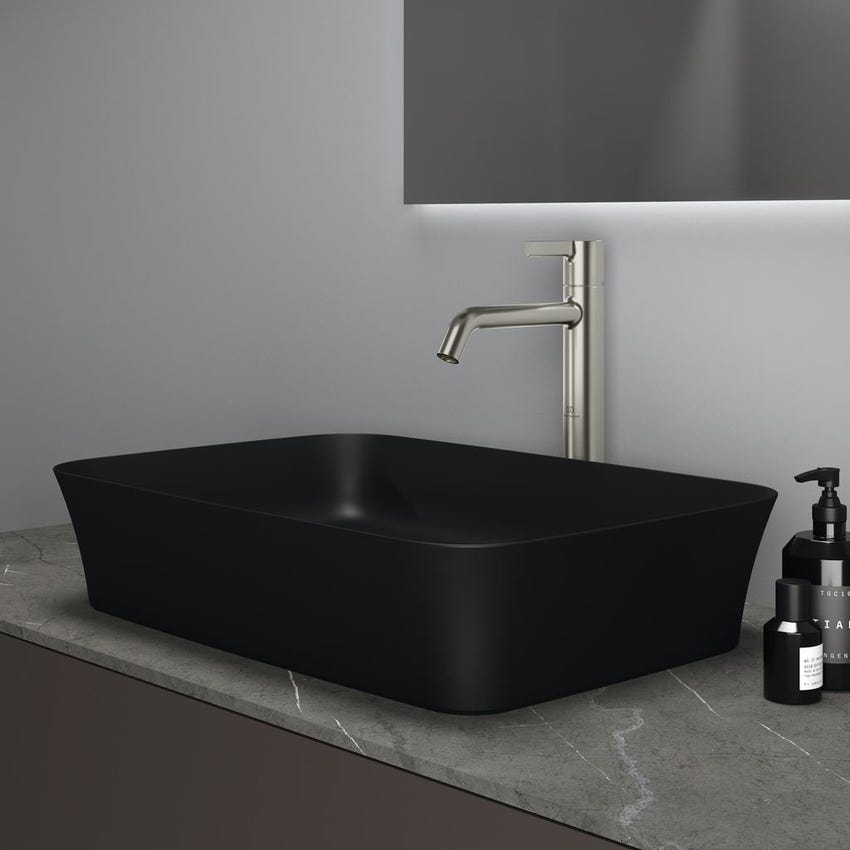 Immagine di Ideal Standard IPALYSS lavabo da appoggio 55 cm, senza troppopieno, con piletta, colore nero finitura opaco E2076V3
