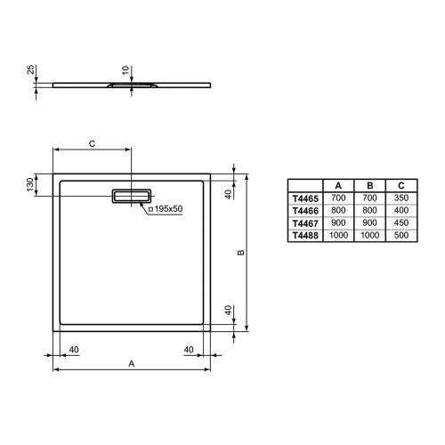Piatto doccia 90x90 quadrato in acrilico bianco Ideal Standard Ultraflat New disegno tecnico