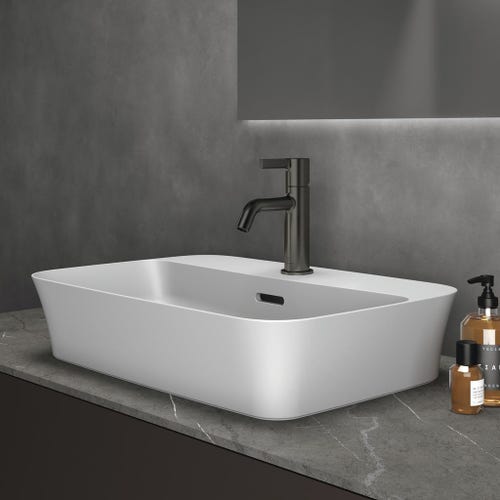 Immagine di Ideal Standard IPALYSS lavabo da appoggio 55 cm monoforo, con troppopieno, colore bianco seta finitura opaco E2077V1
