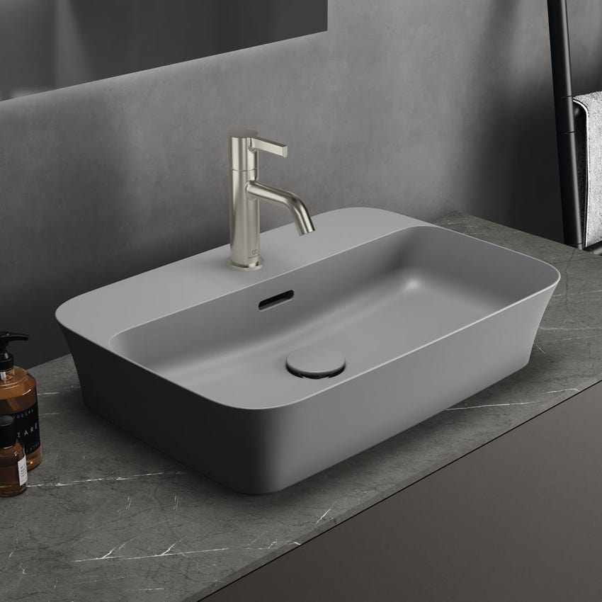 Immagine di Ideal Standard IPALYSS lavabo da appoggio 55 cm monoforo, con troppopieno, colore grigio cemento finitura opaco E2077V9