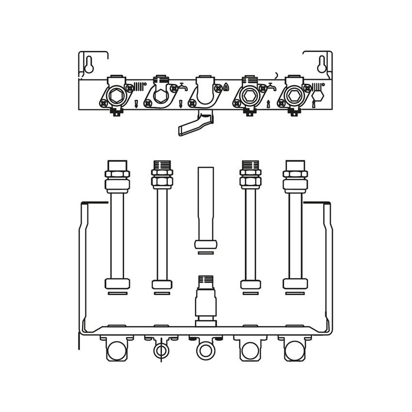 Immagine di Bosch Acc. 893/18 Piastra di collegamento attacchi orizzontali completa di rubinetti lato riscaldamento, gas e raccorderia per ACS/AFS 7719003231