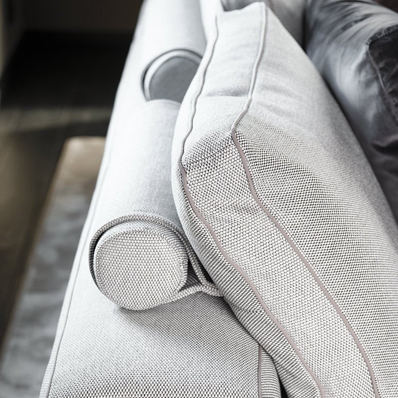 Immagine di Mussi SINFONIA divano composizione angolare L.448 cm, elemento centrale con tavolino in marmo, finitura E tessuto colore grigio e bianco SIN001