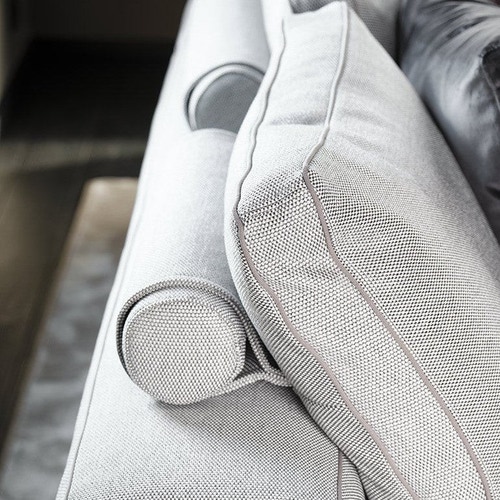 Immagine di Mussi SINFONIA divano composizione angolare L.411 cm, elemento centrale con tavolino in marmo, finitura E tessuto colore grigio e bianco SIN003