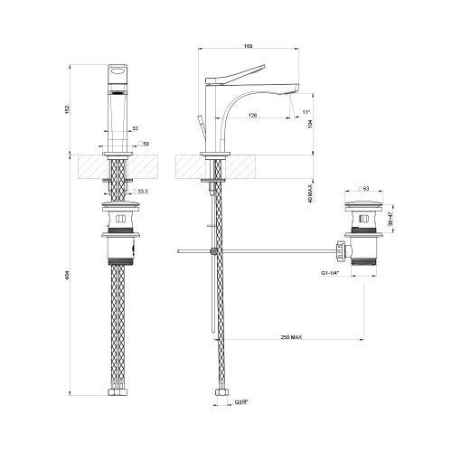 Immagine di Gessi RILIEVO miscelatore lavabo H.15 cm, con scarico e flessibili di collegamento, cartuccia 25 mm, finitura cromo 59001#031